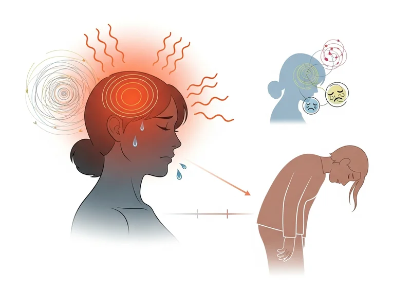 Kobieta z bólem głowy i objawami menopauzy.