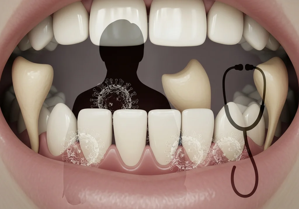 Jama ustna z zębami, sylwetką człowieka z wirusem i stetoskopem.