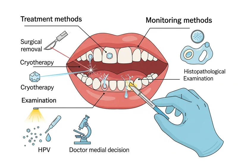Ilustracja metod leczenia i diagnostyki zmian w jamie ustnej związanych z HPV.