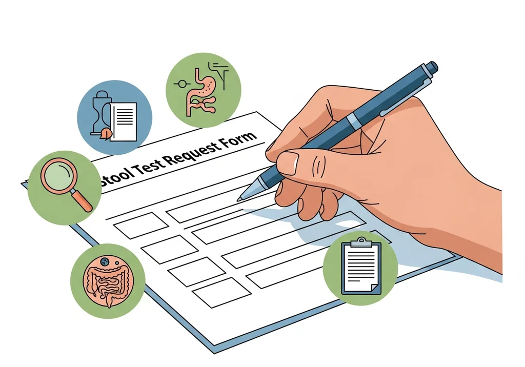 Ręka wypełniająca formularz zlecenia na badanie kału, z ikonami medycznymi wokół.