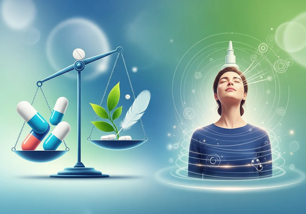 Waga z lekami i piórkiem po bokach, na drugim planie kobieta z kroplami leku na głowie.