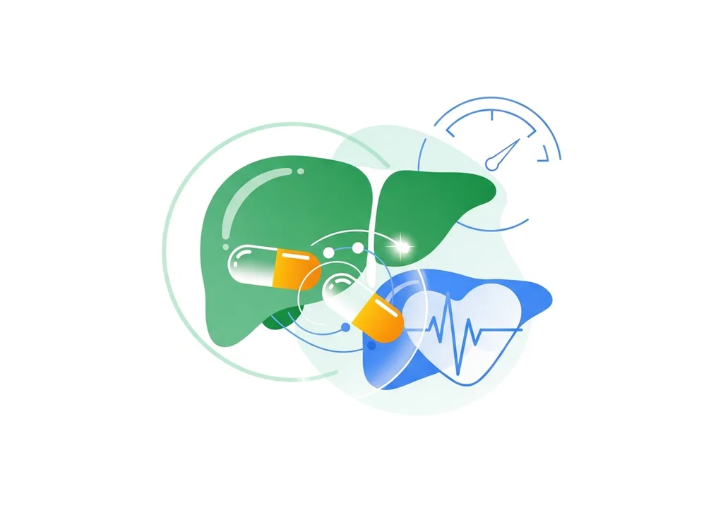 Grafika: wątroba, kapsułka, EKG i wskaźnik ciśnienia.