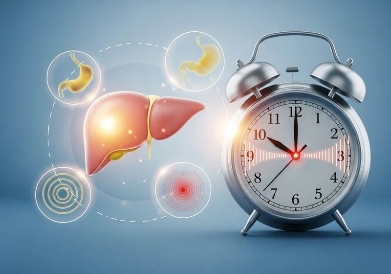 Budzik i ilustracje wątroby, żołądka i objawów bólowych w kręgach.