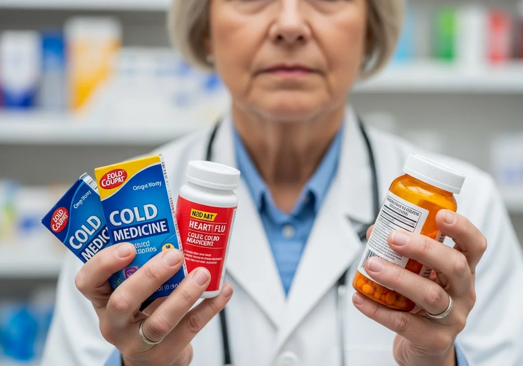 Farmaceutka trzyma leki na przeziębienie i lek na serce.