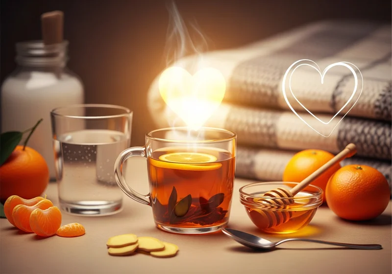 Kubek herbaty z cytryną, miodem i imbirem, pomarańcze, szklanka wody i biała butelka.