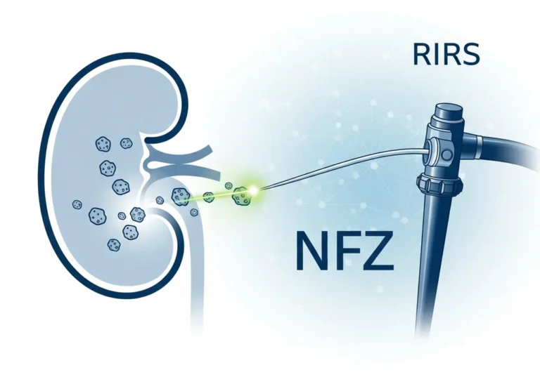 Ilustracja medyczna RIRS na NFZ: nerka z kamieniami leczona endoskopem.