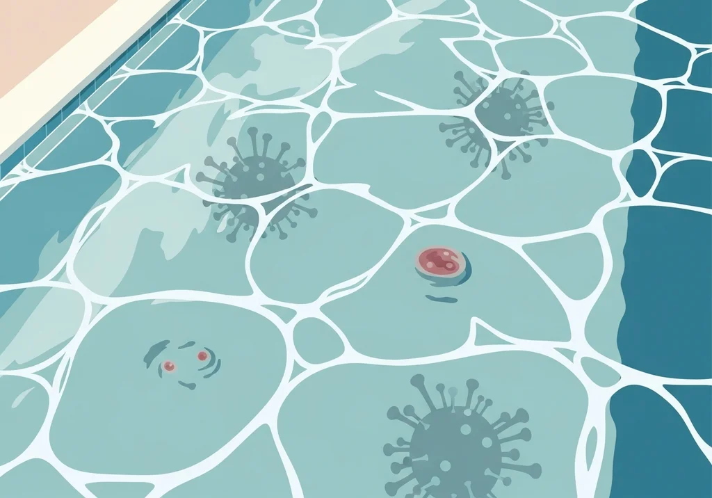 Ilustracja przedstawia wirusy i zaczerwienienie na powierzchni wody basenowej, symbolizujące mięczaka zakaźnego.