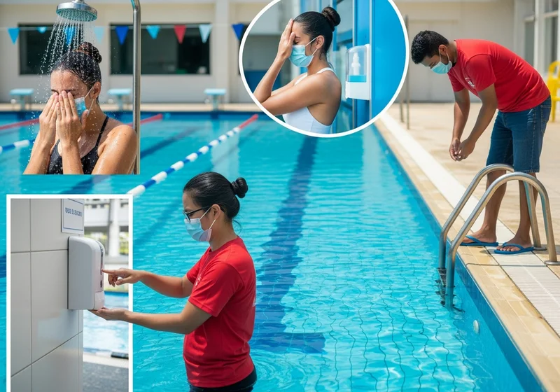 Osoby w maskach stosują środki dezynfekujące i prysznic, by zapewnić higienę na basenie.