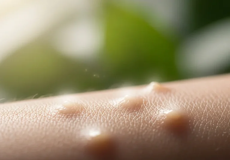 Zbliżenie na ludzką skórę z widocznymi, błyszczącymi wykwitami.