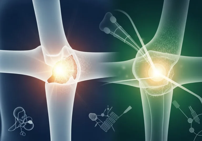 Ilustracja rentgenowska stawu z widocznymi zmianami chorobowymi i urządzeniami medycznymi.