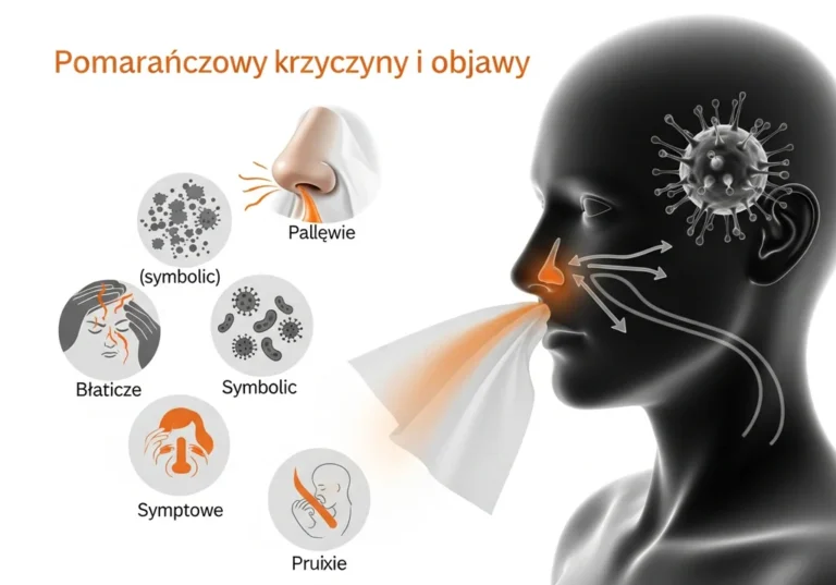 Ilustracja przedstawia objawy pomarańczowego kataru, w tym kichanie, bóle głowy i infekcję wirusową.
