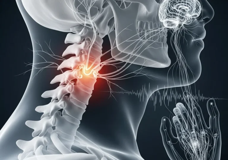 Rentgen czaszki, kręgosłupa szyjnego z zaznaczeniem bólu i uszkodzenia nerwów, mózgu, ręki i EKG.
