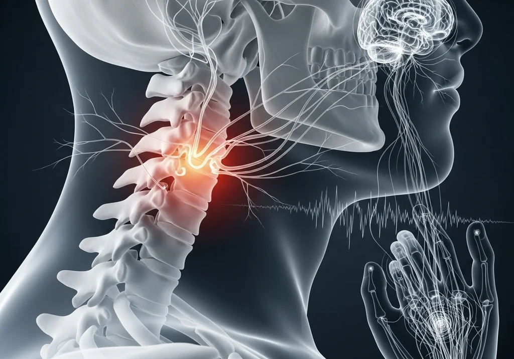 Rentgen czaszki, kręgosłupa szyjnego z zaznaczeniem bólu i uszkodzenia nerwów, mózgu, ręki i EKG.