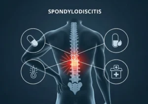 Spondylodiscitis: ilustracja anatomiczna kręgosłupa z oznaczeniem bólu i symbolami leczenia.