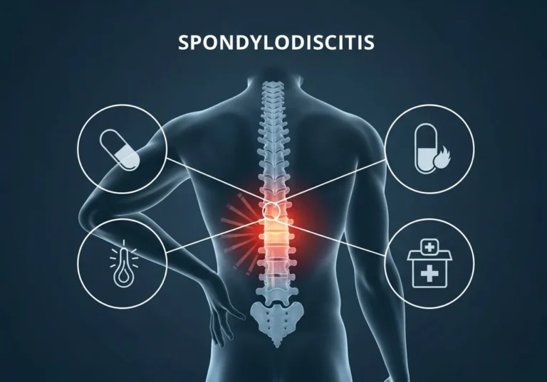 Spondylodiscitis: ilustracja anatomiczna kręgosłupa z oznaczeniem bólu i symbolami leczenia.