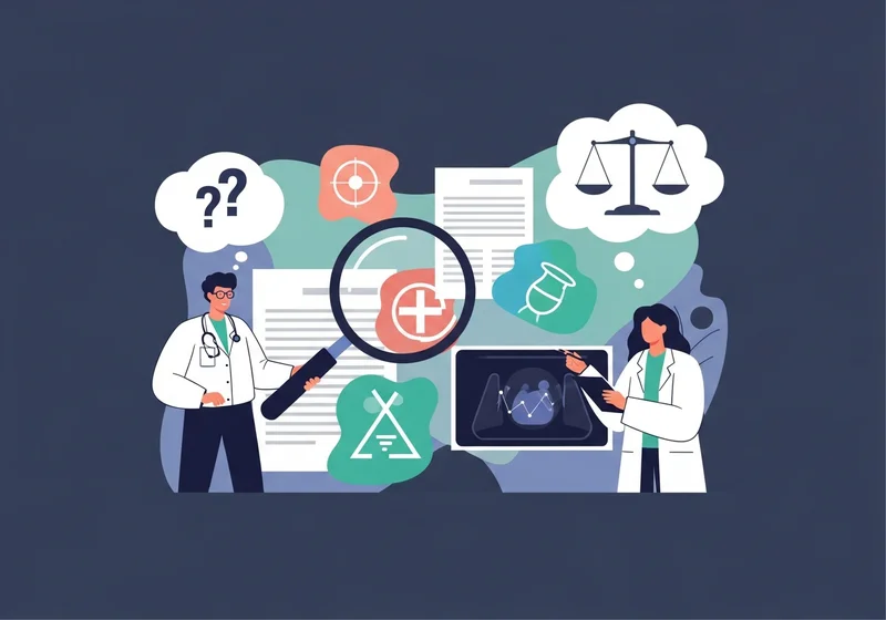 Lekarze analizują dane medyczne i radiologiczne z pomocą lupy, sugerując proces diagnostyczny RZS.