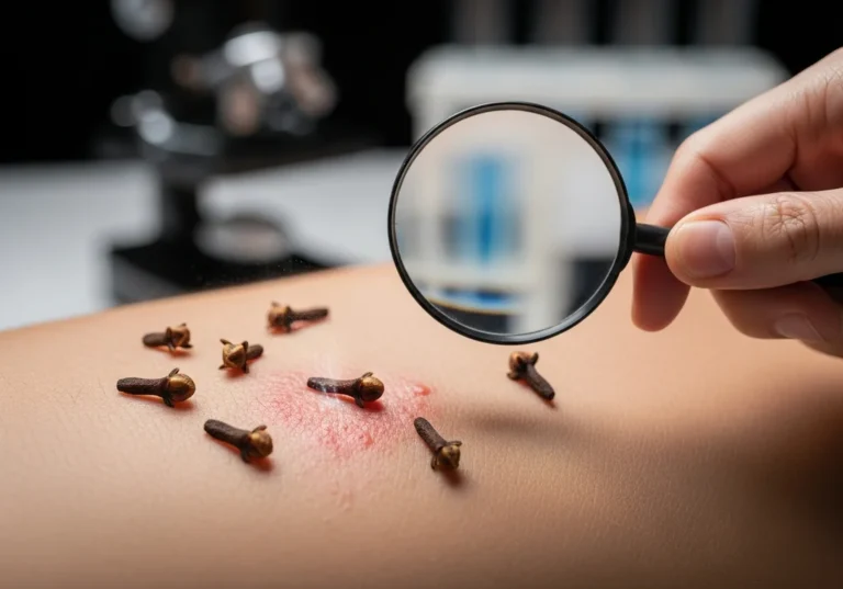 Sześć goździków na czerwonej, zaczerwienionej skórze, badanych pod lupą.