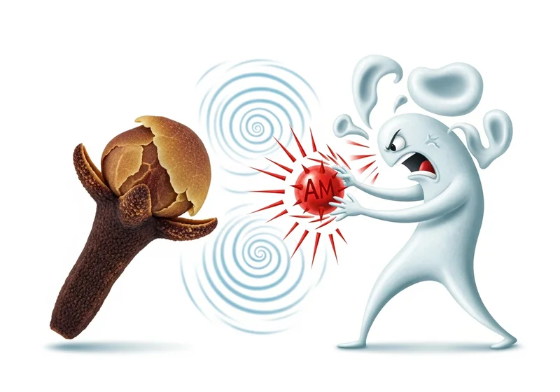 Goździk atakuje postać symbolizującą alergię, ilustrując reakcję immunologiczną.