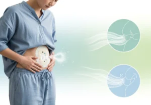 Kobieta ze stomią wzdętą, przedstawienie graficzne układu trawiennego z symulacją przepływu powietrza.