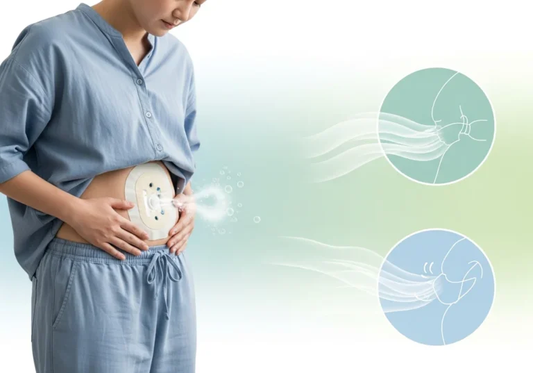 Kobieta ze stomią wzdętą, przedstawienie graficzne układu trawiennego z symulacją przepływu powietrza.