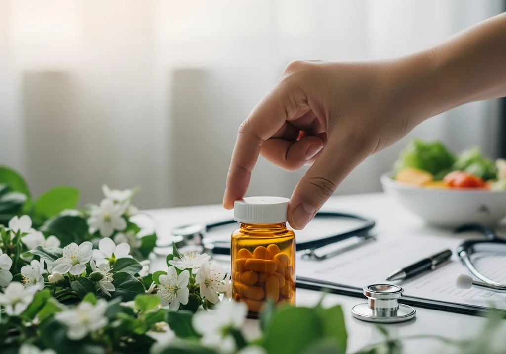Ręka na butelce leków, stetoskop i zdrowe alternatywy. Bezpieczne odstawianie leków na nadciśnienie.