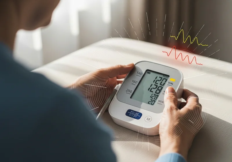 Osoba trzyma cyfrowy ciśnieniomierz, monitorując ciśnienie krwi w domu. Na ekranie widoczne wyniki.