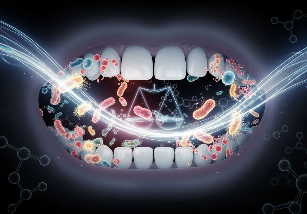 Otwarta jama ustna z zębami i licznymi mikroorganizmami, symbolizująca delikatną równowagę flory bakteryjnej.