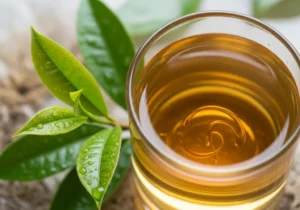 Szklanka płukanki, obok świeże zielone liście herbaty z kroplami rosy.