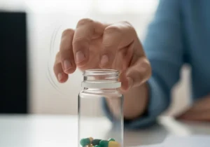 Drżąca dłoń nad otwartą buteleczką z tabletkami, symbolizująca szybkie, ale niepewne rozwiązanie problemu.