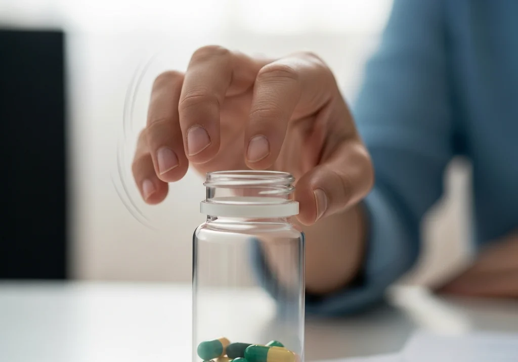 Drżąca dłoń nad otwartą buteleczką z tabletkami, symbolizująca szybkie, ale niepewne rozwiązanie problemu.