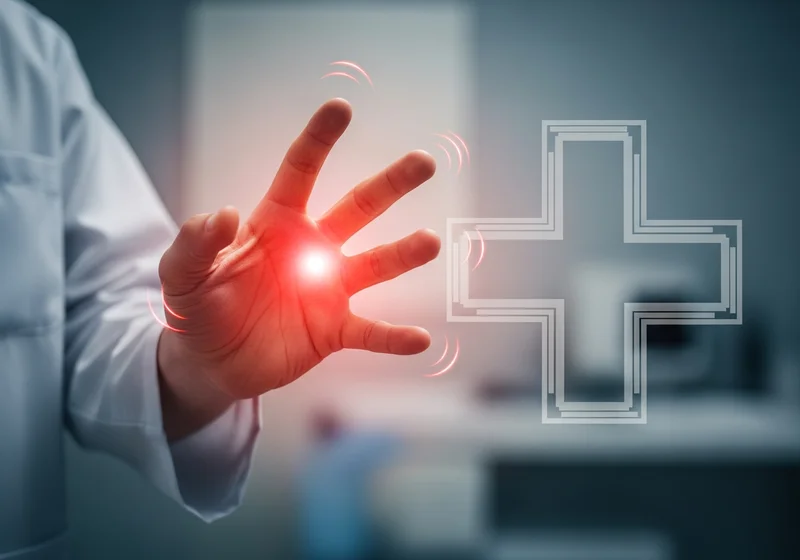 Czerwony blask na ręce, symbolizujący ból lub alarm medyczny, z krzyżem medycznym w tle.