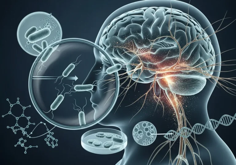 Bakterie Yersinia wpływające na mózg i układ nerwowy, symbolizujące objawy neurologiczne.