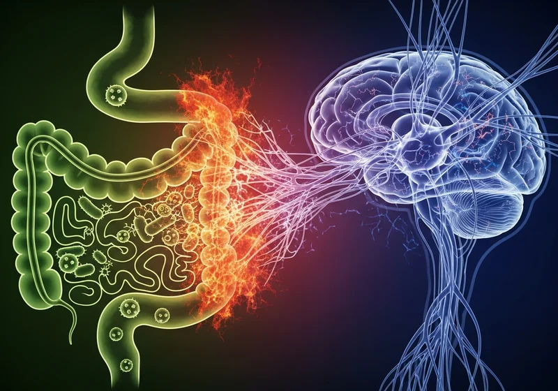 Zapalony jelito z mikrobami, intensywnie połączone ognistymi nerwami z mózgiem i rdzeniem kręgowym, oś jelito-mózg.