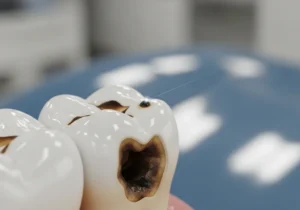 Model 3D zęba z pozornie małą dziurką na powierzchni, pod którą kryje się głęboki ubytek próchnicowy w zębinie.