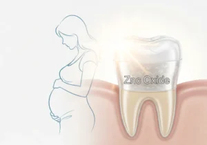 Zarys ciężarnej kobiety obok zęba z wypełnieniem z tlenku cynku, symbolizujący bezpieczeństwo materiału w ciąży.
