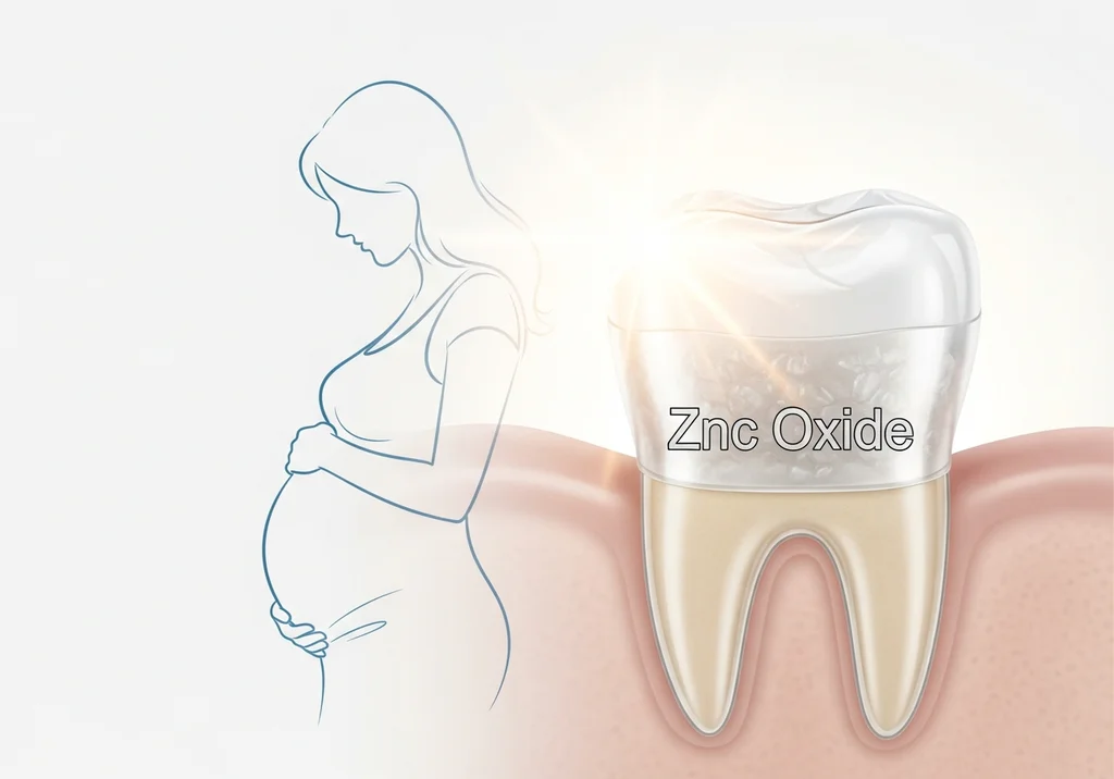Zarys ciężarnej kobiety obok zęba z wypełnieniem z tlenku cynku, symbolizujący bezpieczeństwo materiału w ciąży.