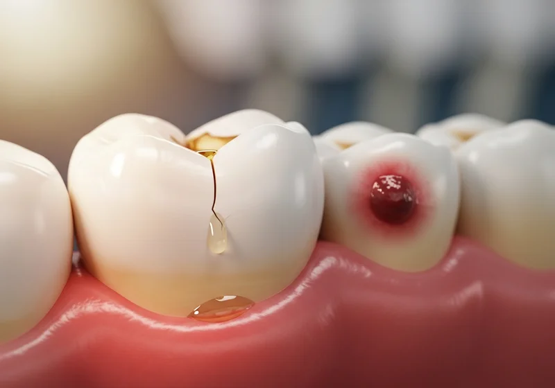 Pęknięty ząb z widocznym wyciekiem oraz sąsiedni ząb z wyraźnym stanem zapalnym tkanek przyzębia.
