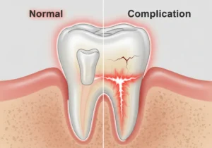 Porównanie zdrowego zęba z zębem z pęknięciem korony i stanem zapalnym miazgi wywołanym komplikacjami.