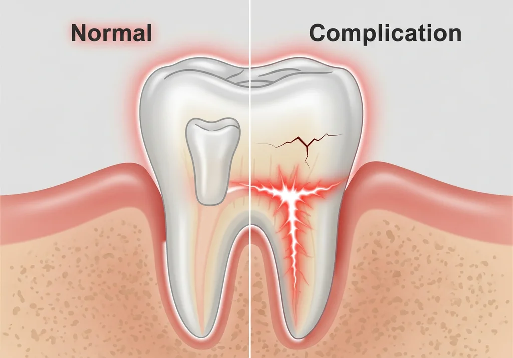 Porównanie zdrowego zęba z zębem z pęknięciem korony i stanem zapalnym miazgi wywołanym komplikacjami.