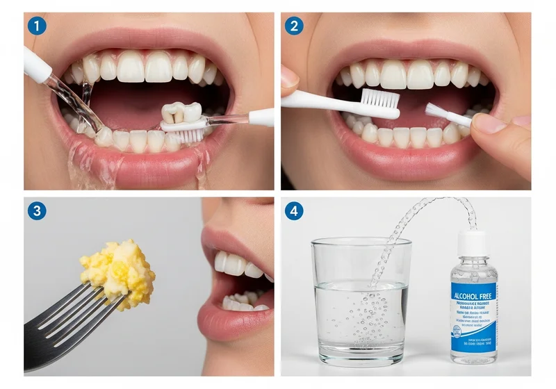 Cztery panele: delikatne mycie zęba z opatrunkiem, higiena przestrzeni międzyzębowych, unikanie twardego jedzenia, płukanie ust.