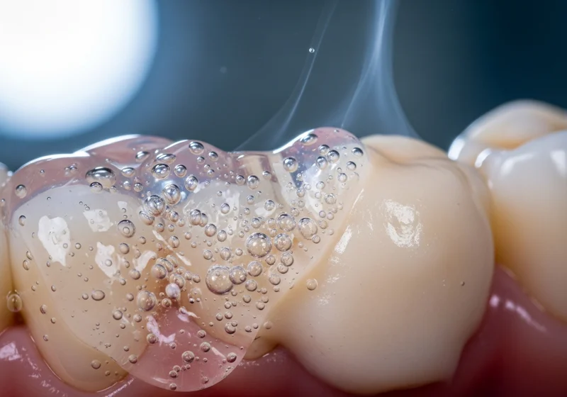 Plastyczny materiał dentystyczny wypełniający ubytek zęba, z widocznymi pęcherzykami powietrza i unoszącą się delikatną mgiełką.