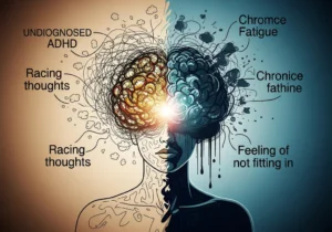Ilustracja przedstawia podzieloną na pół postać kobiety: lewa strona w ciepłych barwach symbolizuje ADHD, prawa w chłodnych – depresję.