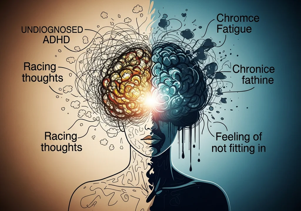 Ilustracja przedstawia podzieloną na pół postać kobiety: lewa strona w ciepłych barwach symbolizuje ADHD, prawa w chłodnych – depresję.