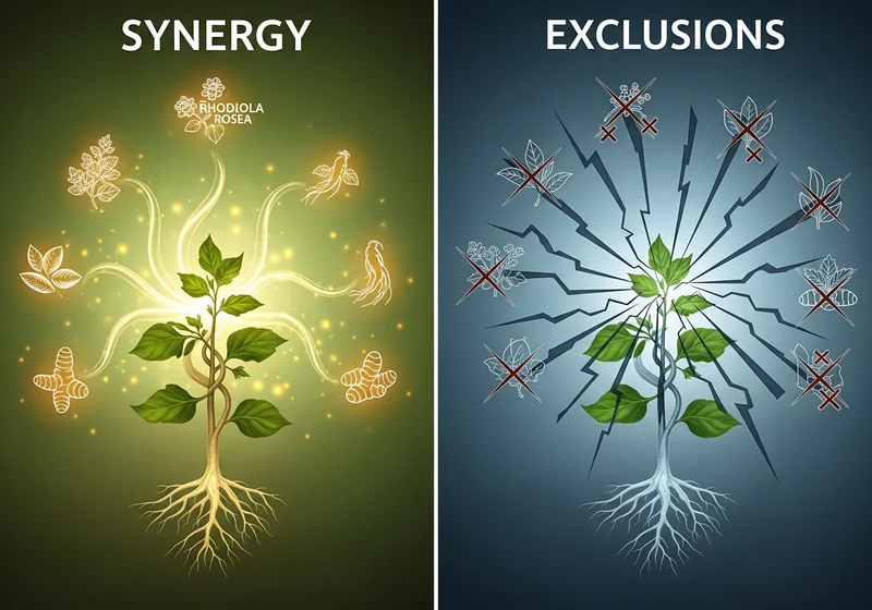 Grafika porównuje synergię wybranych ziół wspierających roślinę z wykluczeniami, czyli połączeniami blokującymi jej wzrost.