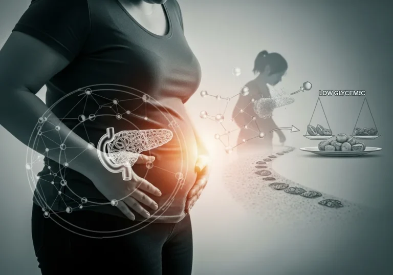 Ciężarna kobieta z grafiką trzustki, schematem cząsteczek i wagą szalkową ilustrującą dietę o niskim indeksie glikemicznym.