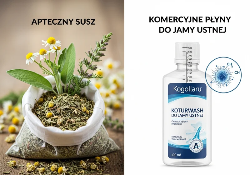 Porównanie: po lewej woreczek z ziołowym suszem, po prawej butelka komercyjnego płynu do płukania jamy ustnej.