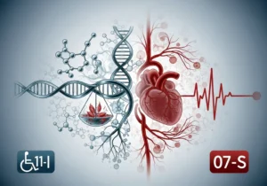 Ilustracja symboli 11-I i 07-S: połączenie struktur DNA i cząsteczek z ludzkim sercem i zapisem EKG, obrazujące choroby metaboliczne i krążeniowe.