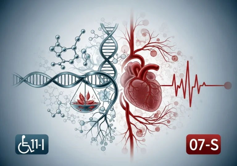 Ilustracja symboli 11-I i 07-S: połączenie struktur DNA i cząsteczek z ludzkim sercem i zapisem EKG, obrazujące choroby metaboliczne i krążeniowe.