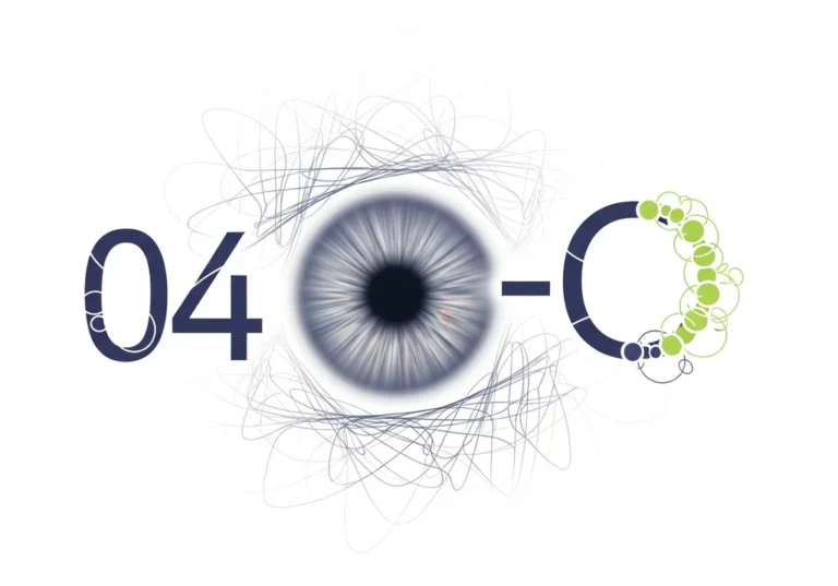 Graficzne logo z napisem „04-O”, gdzie litera „O” przypomina ludzkie oko otoczone ozdobnymi liniami i elementami w kolorze zielonym.