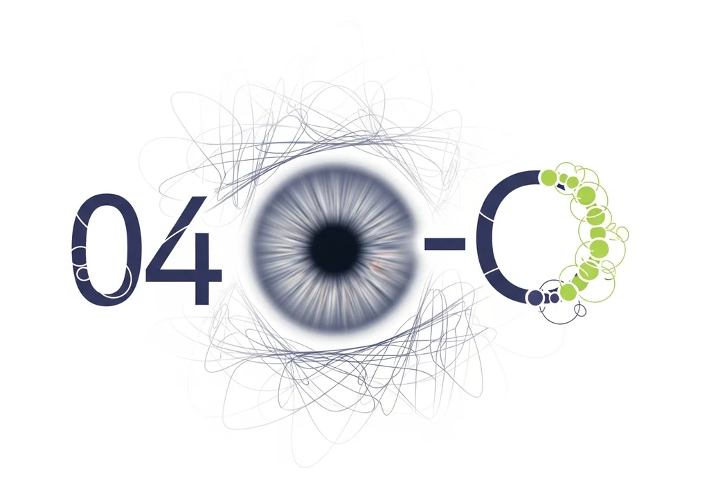 Graficzne logo z napisem „04-O”, gdzie litera „O” przypomina ludzkie oko otoczone ozdobnymi liniami i elementami w kolorze zielonym.